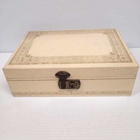 Vintage Cream & Gold Jewelry Box With Red Velvet Interior Brass Lock 11'' x 8'' - Picture 1 of 7